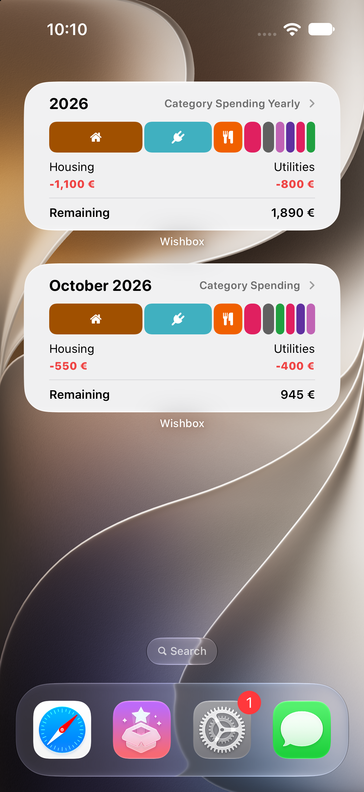 Wishbox widgets on an iPhone home screen